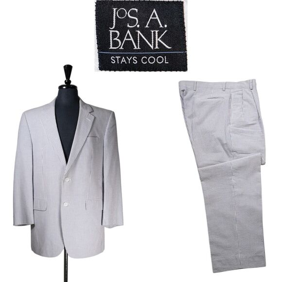 Jos. A. Bank Mens Suit 2 Piece Blue White Striped Seersucker 40R Pants 36x28